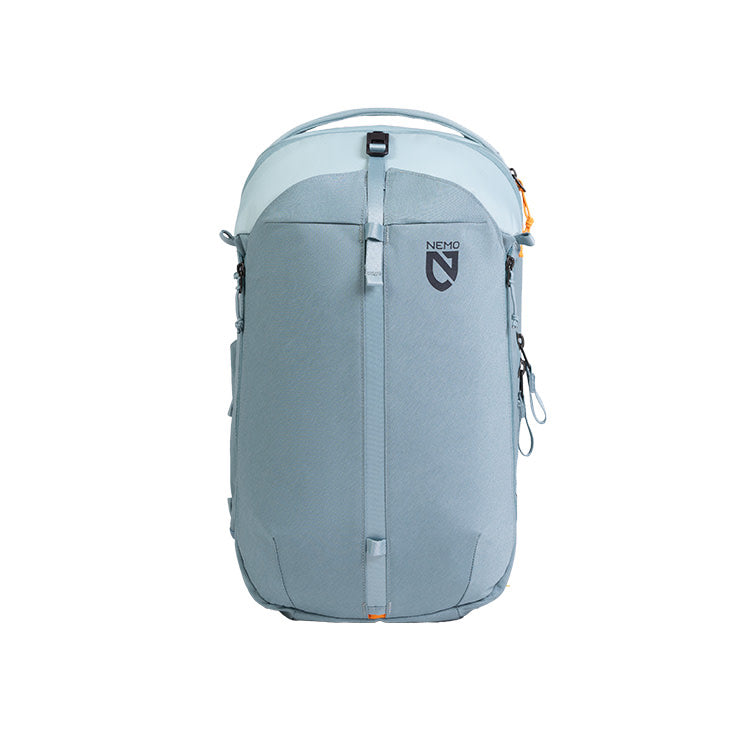 The Vantage™ 26L Endless Promise® Everyday Adventure Daypack by NEMO Equipment is a light gray, water-resistant backpack with a top zipper, vertical front strap, side pockets, and the NEMO logo on the upper front.